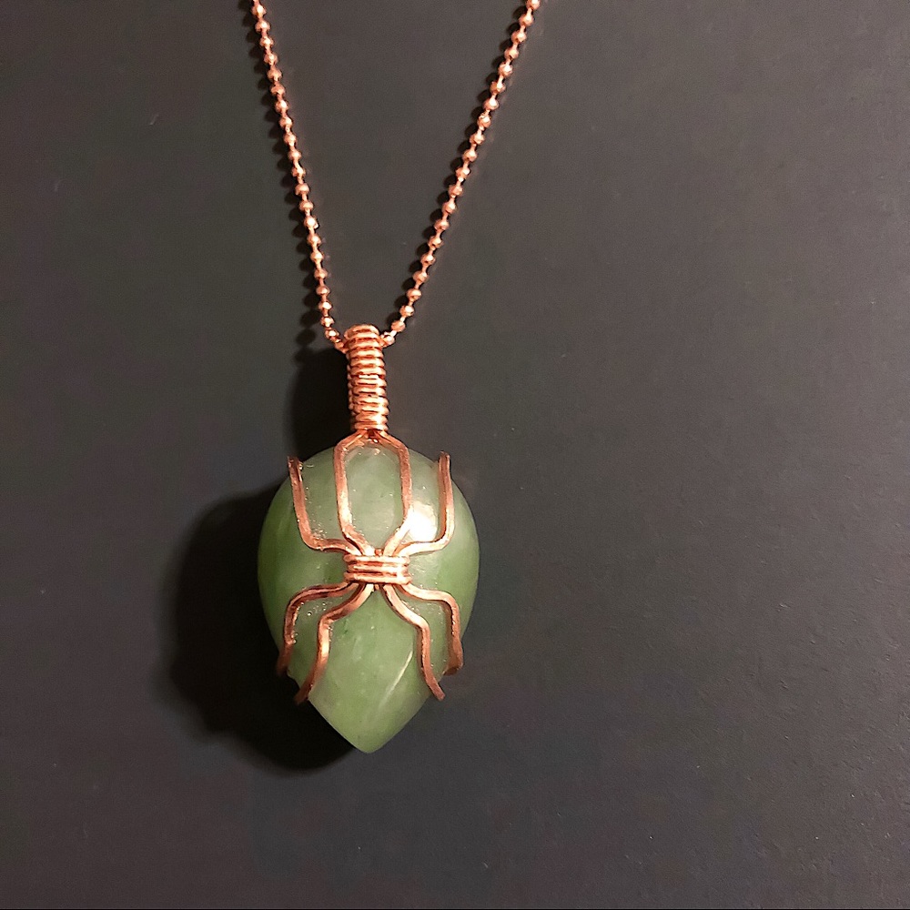 Hand Crafted Delicate Copper Spider Chain Necklace w/ Green Aventurine Pendant